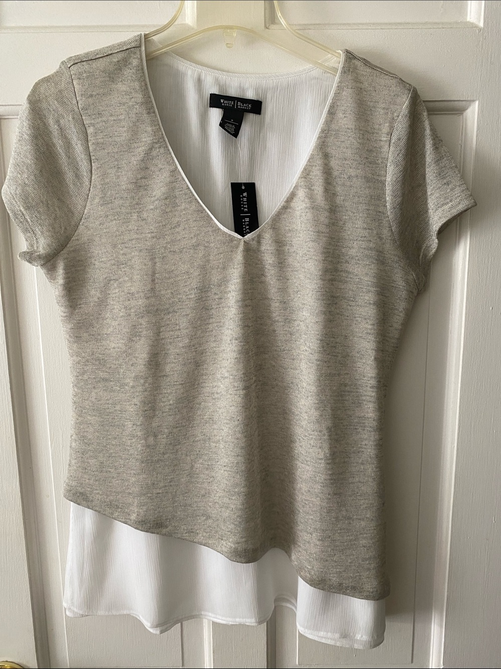 White House Black Market Heather Gray Layered V-Neck Top with White Hem
